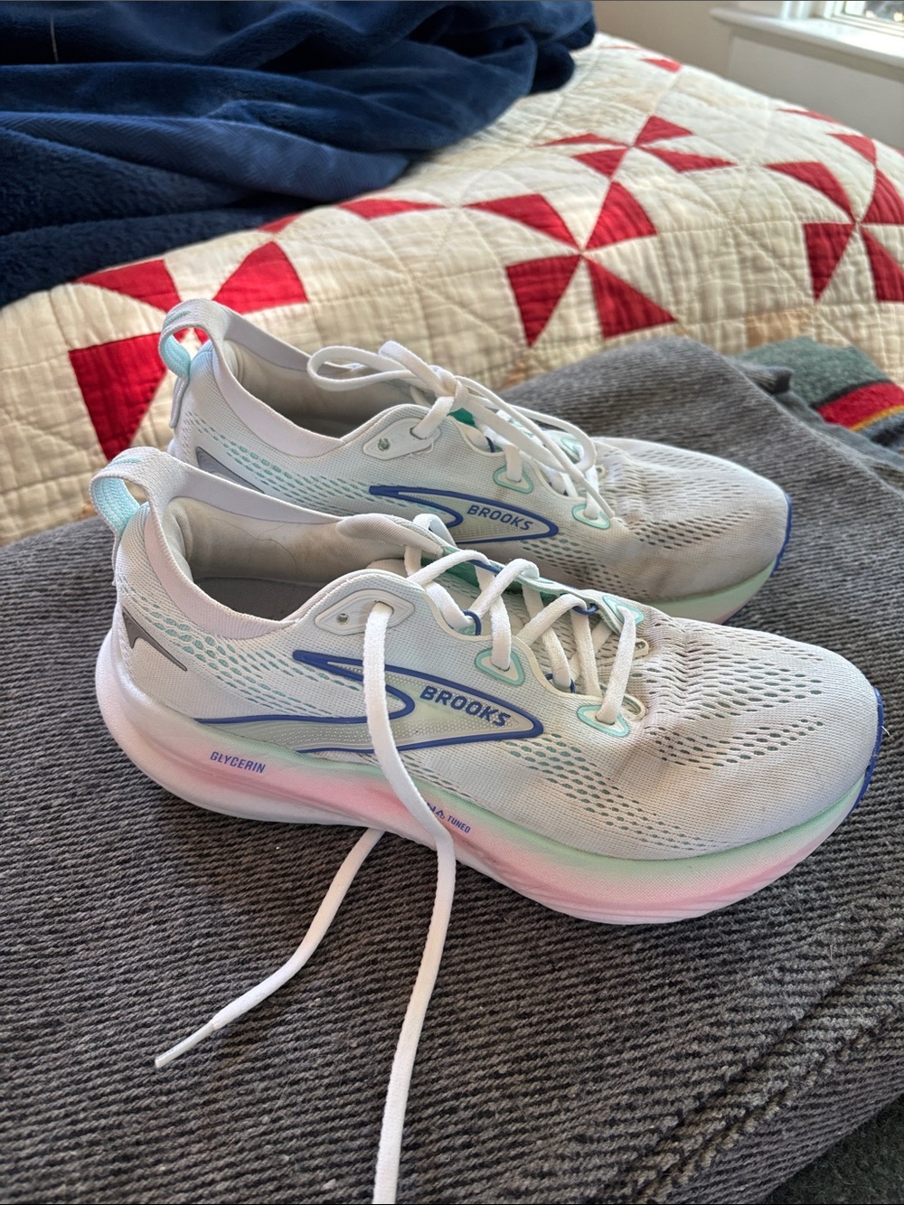 Brooks Women’s White Running Shoes with Blue & Mint Accents